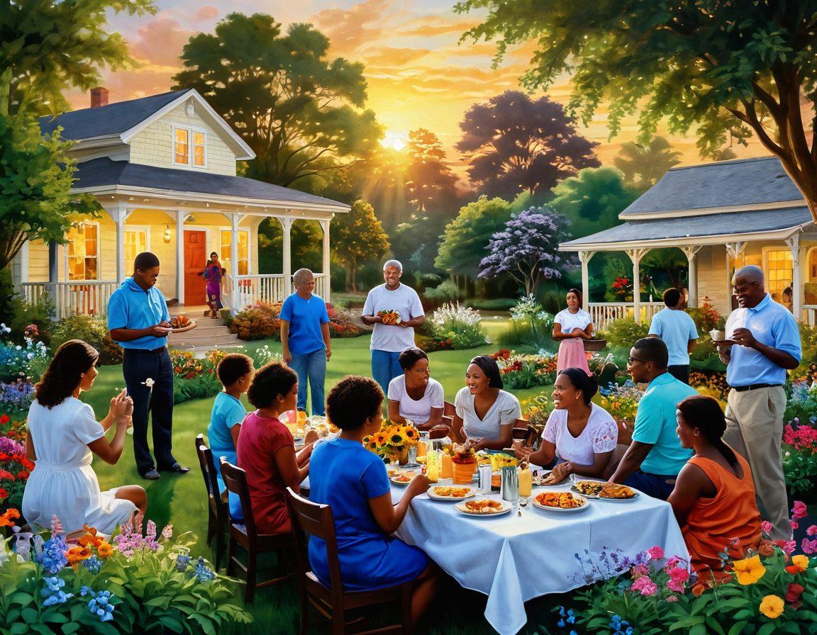 A vibrant community gathering featuring diverse individuals engaged in acts of kindness and support, surrounded by lush greenery and colorful flowers symbolizing growth and unity. Some people are sharing food, others are offering help with tasks, and children are playing joyfully in the background. The warm, golden light of sunset casts a hopeful glow over the scene. painting. vibrant colors. natural setting.