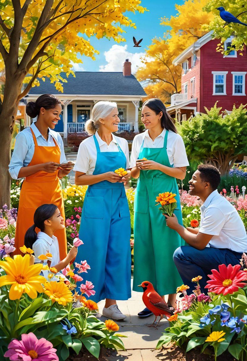 A vibrant community scene where diverse individuals are engaged in acts of kindness, like helping each other and sharing smiles, surrounded by blooming flowers symbolizing growth and happiness. The atmosphere should radiate warmth and positivity, with bright colors enhancing the feeling of joy. Include elements of nature like sunshine and birds to emphasize a serene environment. super-realistic. vibrant colors.