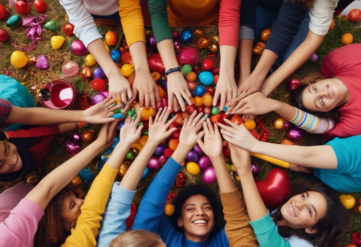A diverse group of people joyfully volunteering together, surrounded by colorful decorations for a community event. Incorporate elements of giving, like food donations and helping hands, to convey a sense of warmth and unity. Showcase smiles and interactions that reflect happiness and fulfillment. Blend in subtle visual symbols of mental health, such as hearts and brain icons. Capture the essence of cheer and community spirit. vibrant colors. super-realistic.